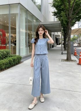 2026年夏季新款温柔韩系风套装花边圆领短款上衣阔腿裤两件套潮女