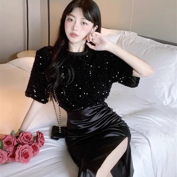 高级感宽松显瘦亮片短袖上衣女夏季小个子设计感套装长款半身裙子