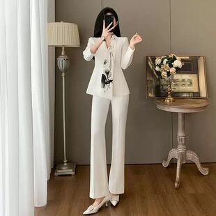 气质新中式白色西装套装女水墨印花设计感职业正装显瘦通勤两件套