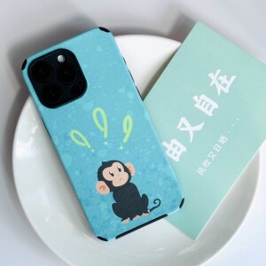 maomao 俏皮的小猴子问号 苹果iPhone15 14 13 12 promax小米华为imd小羊皮贴皮壳黑色卡通插画治愈系手机壳
