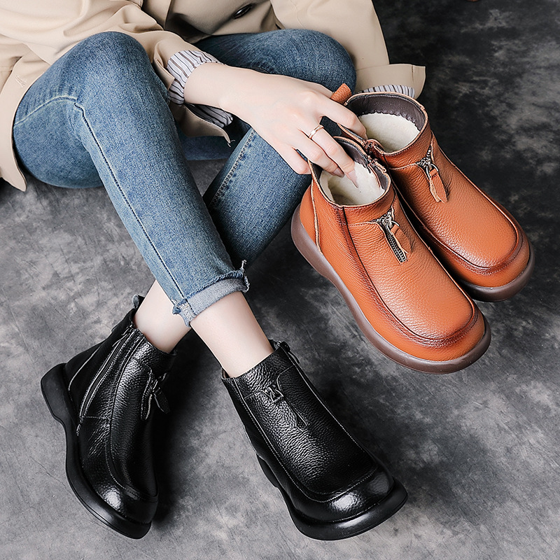 马丁靴女2025冬季新款羊毛短靴平底休闲真皮软底棉鞋加厚保暖鞋子