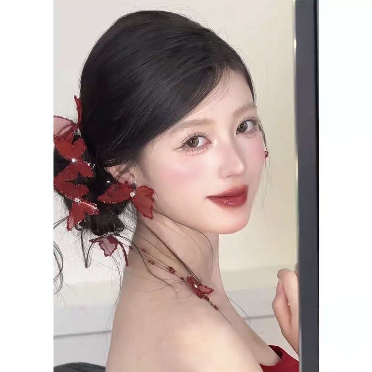 芸琪婚饰新娘头饰红色蝴蝶发夹发饰敬酒红色晚礼服配饰项链耳环
