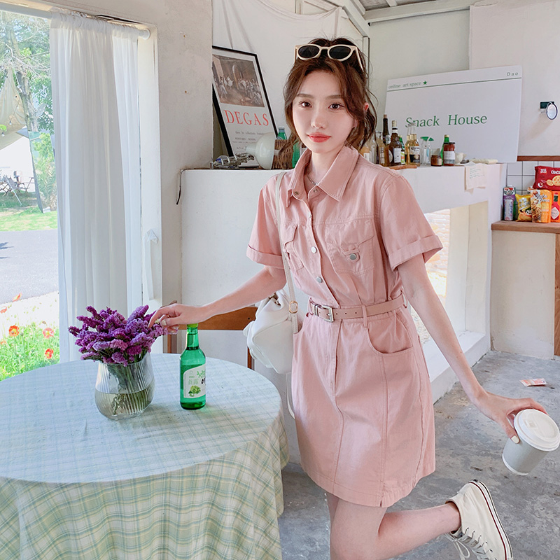 网红爆款粉色牛仔连衣裙女夏2024新款小个子工装裙法式初恋显瘦潮，女装连衣裙，浙宝279