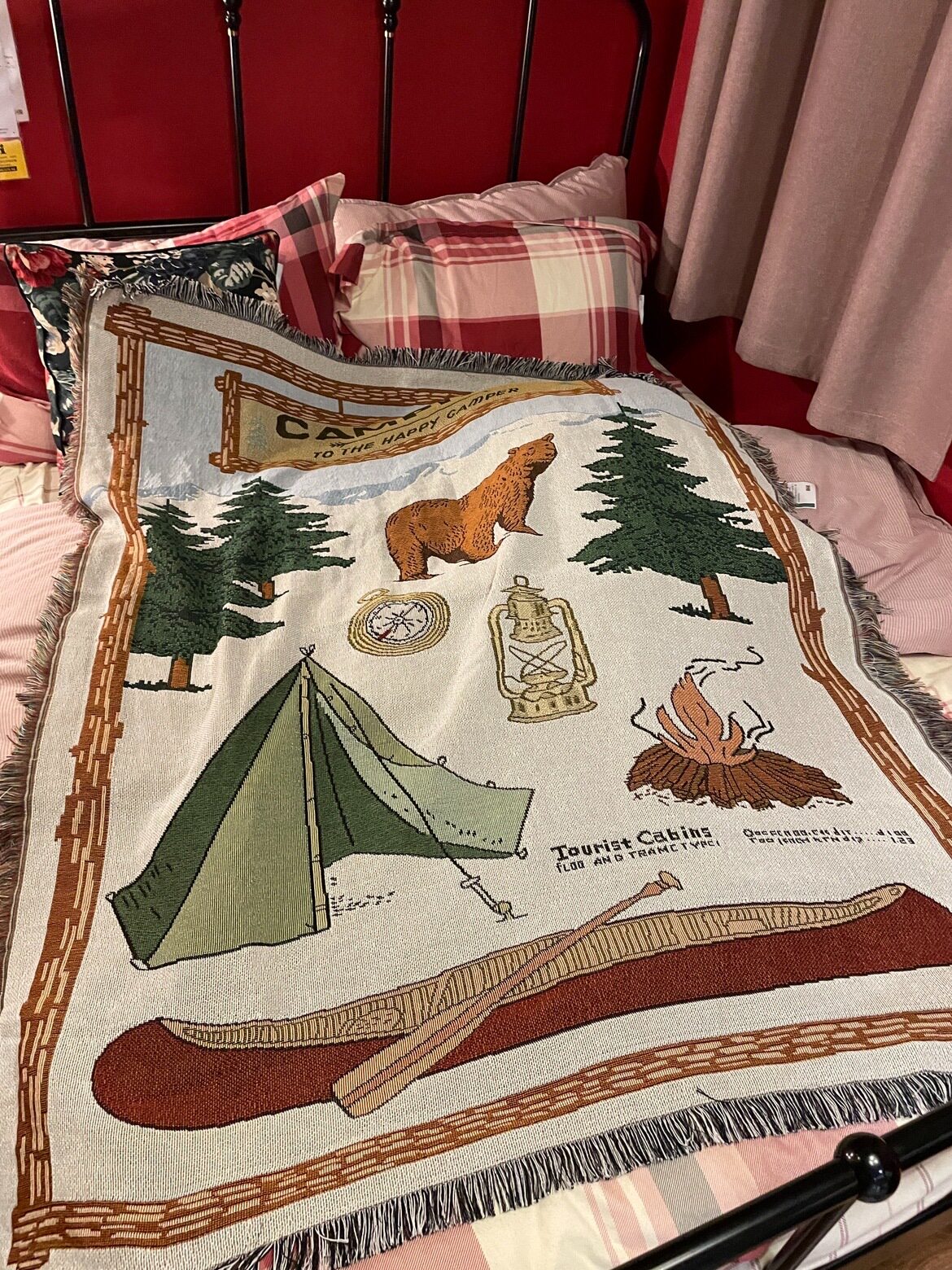 露营装饰美式复古卡通插画旅行沙发毛毯线毯红木筏户外camping