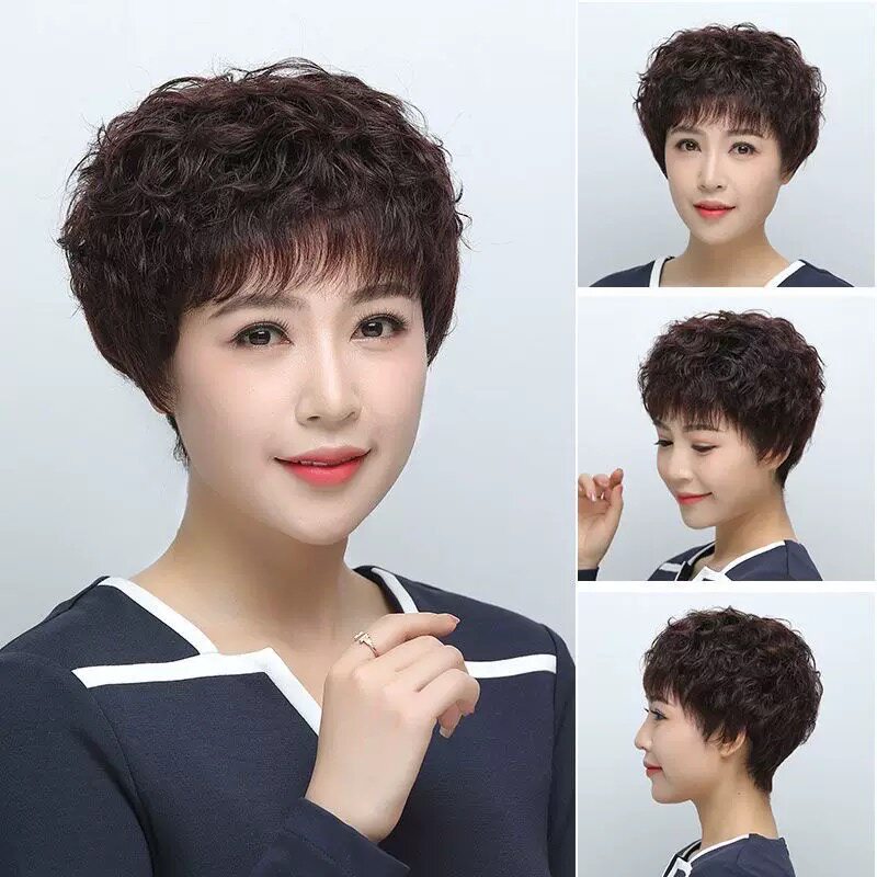 中老年假发女短发微卷发全头套全真人发丝整顶女士妈妈款烫发自然图片