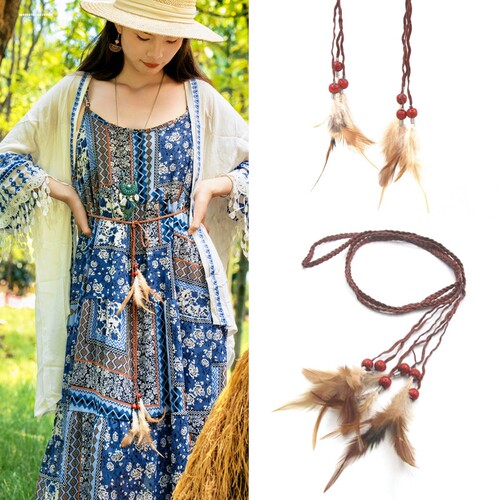 包邮民族风细孔雀羽毛腰带腰绳腰链流苏复古发饰服装配饰品