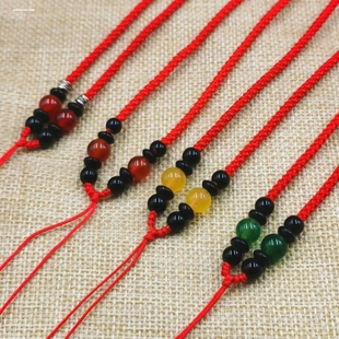 手工编织红色圆珠项链绳黄色白色玛瑙虎晶石玉吊坠挂绳