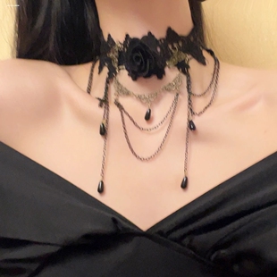 万圣节lolita配饰黑色蕾丝花朵项链女哥特风颈链chocker颈带饰品