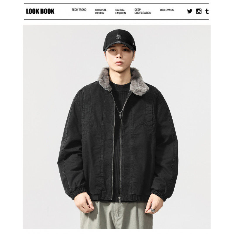 港风韩版男装2025冬新款加绒仿兔毛美式冬季保暖夹克毛领工装外套