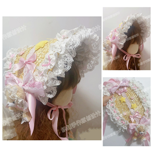 原创手作小熊草帽Lolita洛丽塔发饰发夹发带发饰头箍汉洋折衷头饰