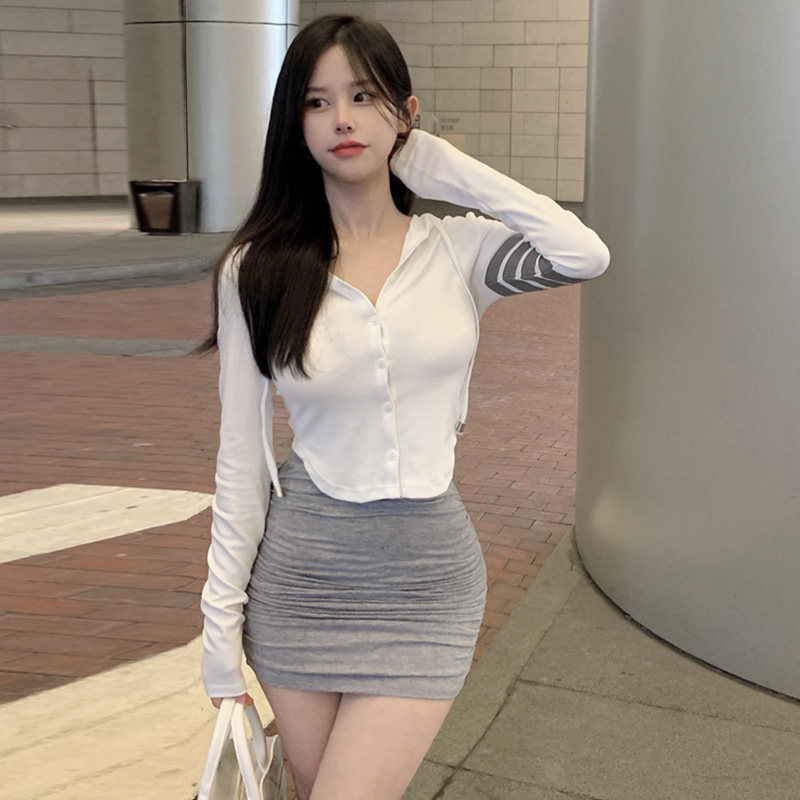 学院纯欲秋季白色连帽开衫上衣V领长袖外套卫衣甜辣运动修身t恤女