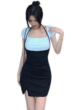 辣妹显身材挂脖吊带连衣裙套装女