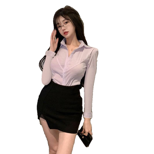 御姐收腰性感纯欲秋季上衣衬衣长袖夜场制服修身ol职业白衬衫女装