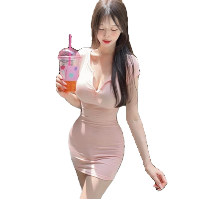 纯欲低胸V领修身包臀连衣裙短裙