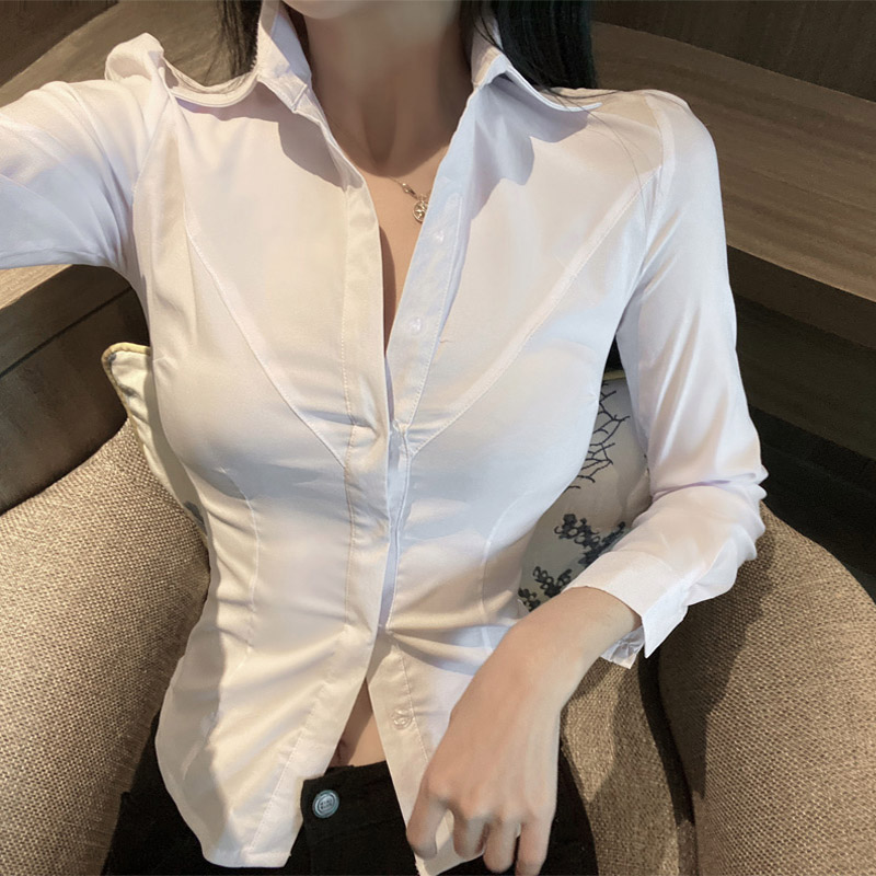 春季新款御姐范纯欲夜场性感OL职业制服紧身上衣长袖白衬衫衬衣女