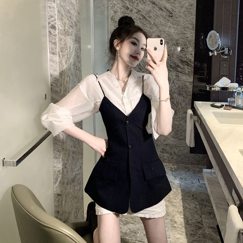 长袖衬衫马甲背心吊带两件套装女