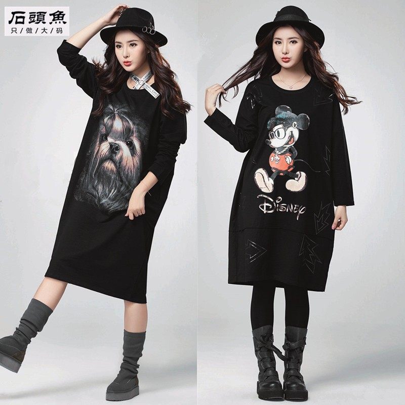石头鱼大码女装春季200斤胖mm宽松显瘦休闲卡通中长款长袖连衣裙