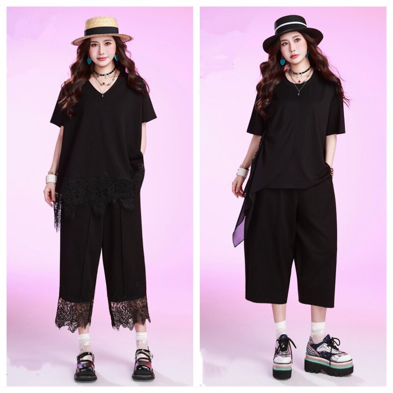 石头鱼2026大码女夏装200斤胖mm宽松遮肉显瘦时尚休闲阔腿裤套装