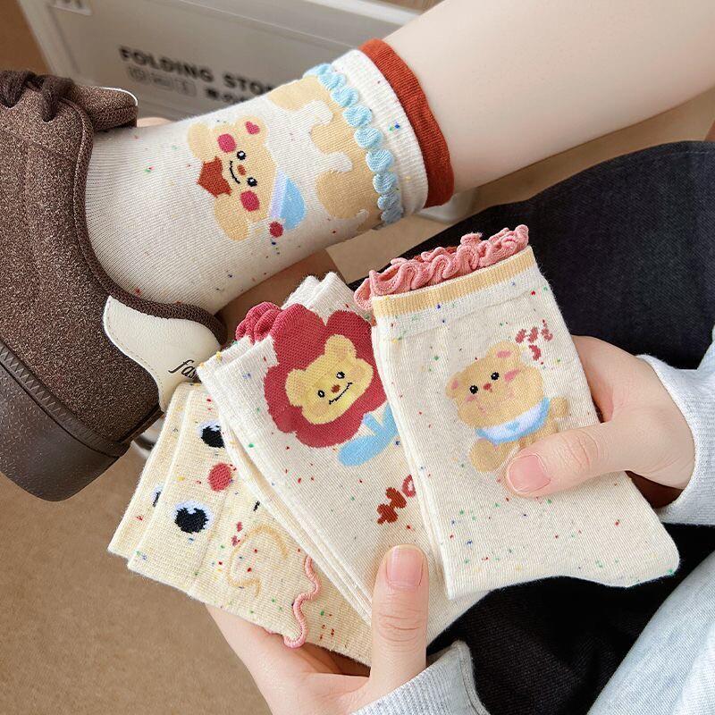 10双甜美双层花边堆堆袜个性点子纱学院风中筒袜爱心卡通小熊袜子