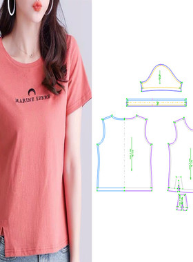短袖T恤纸样女装22184夏新版型宽松体开叉加厚牛皮纸打版裁剪图