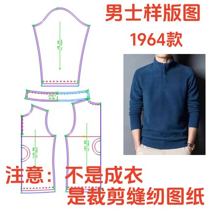 服装裁剪纸样图1964款男士半拉链摇粒绒卫衣样板图diy11设计