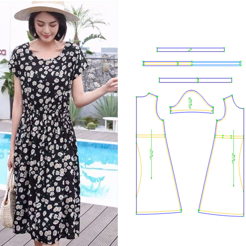 服装裁剪纸样时尚大摆中长连衣裙