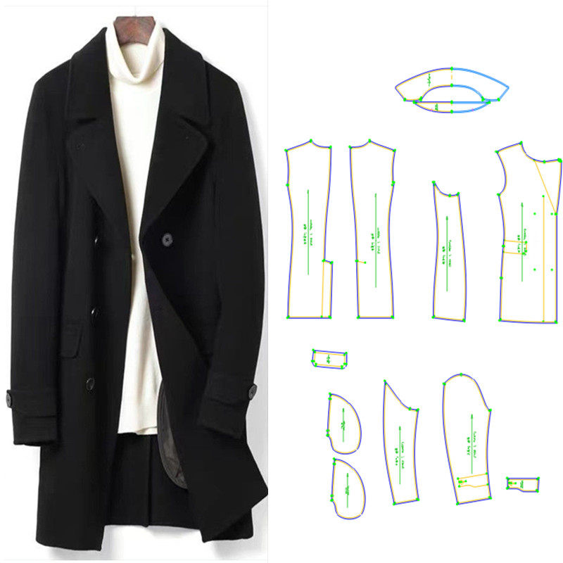 服装纸样秋冬款688双面羊毛大衣男装双排扣外套裁剪图纸衣服样板