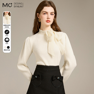 2025秋季韩版半高领洋气蝴蝶结毛衣女修身气质内搭针织打底衫上衣