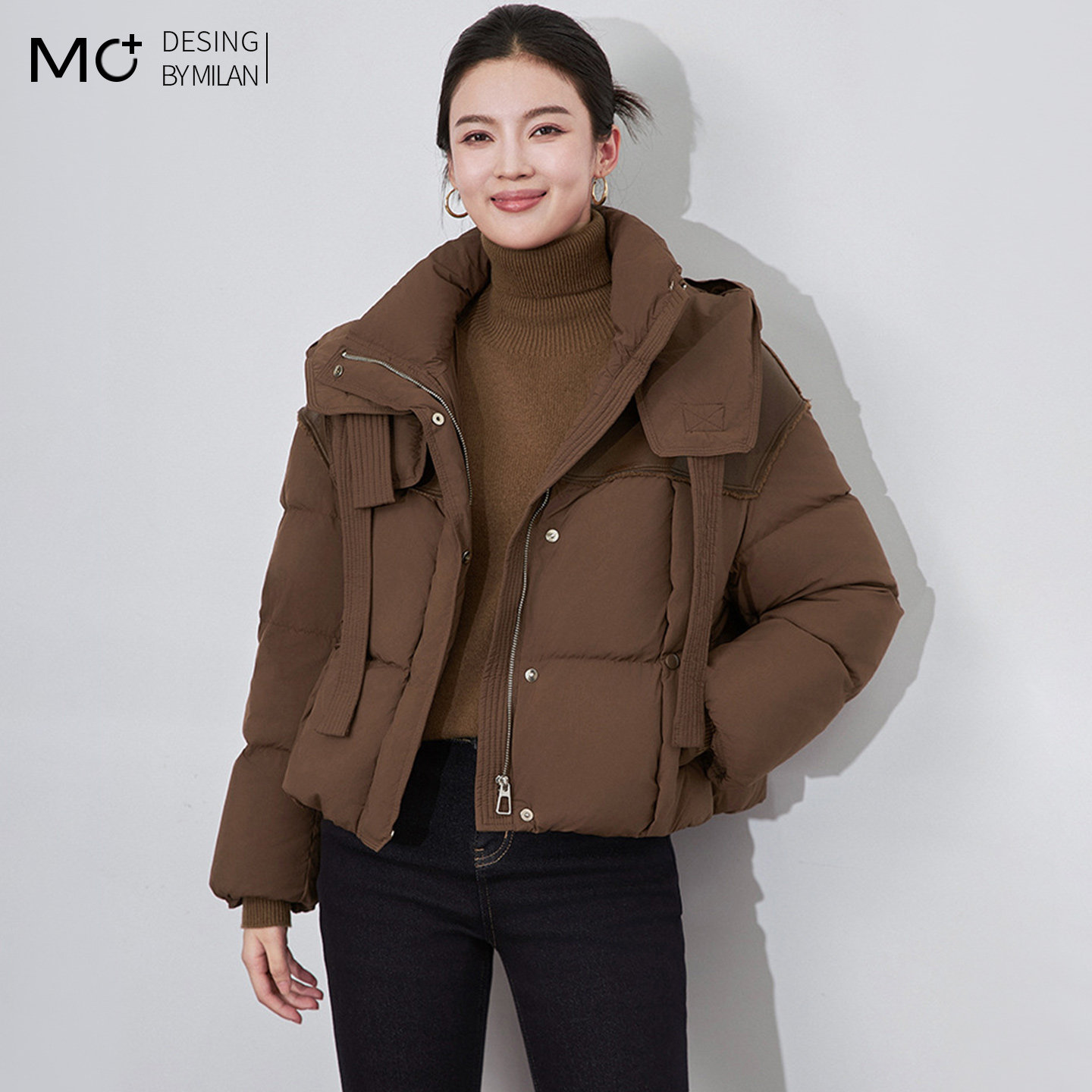时尚通勤暗扣皮革拼接连帽羽绒服