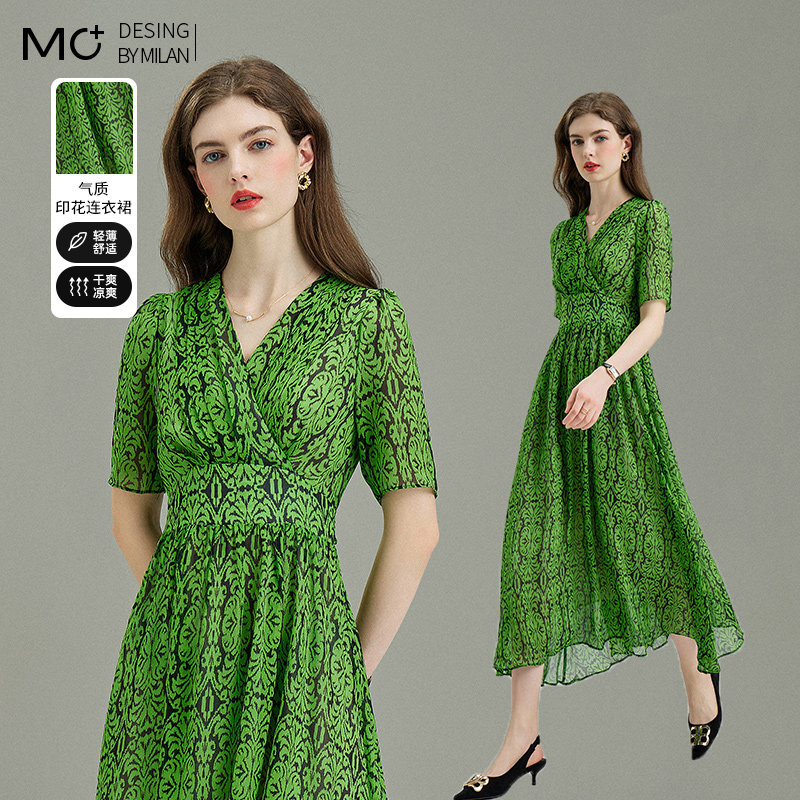 2023夏季新款系带收腰气质大摆裙度假风裙子V领雪纺连衣裙女长袖