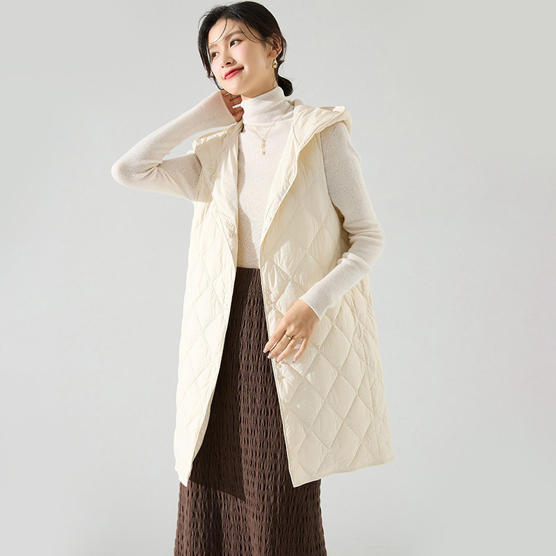 石墨烯叠穿V领中长款连帽羽绒服马甲女外搭坎肩轻薄2025秋冬新款