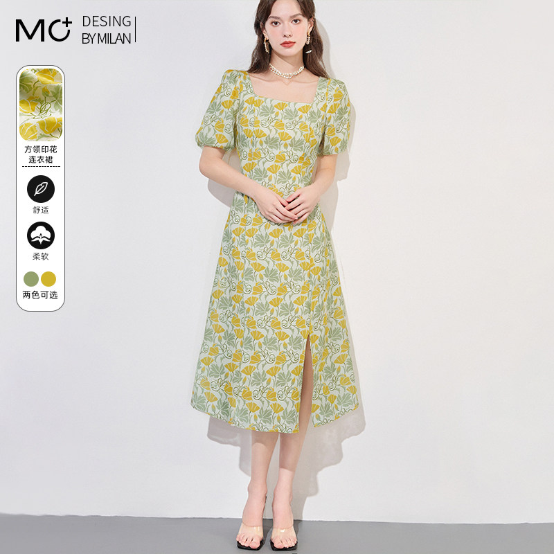 中长款亚麻碎花连衣裙女薄款