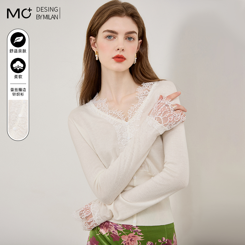 针织套头V领蕾丝花边小外套