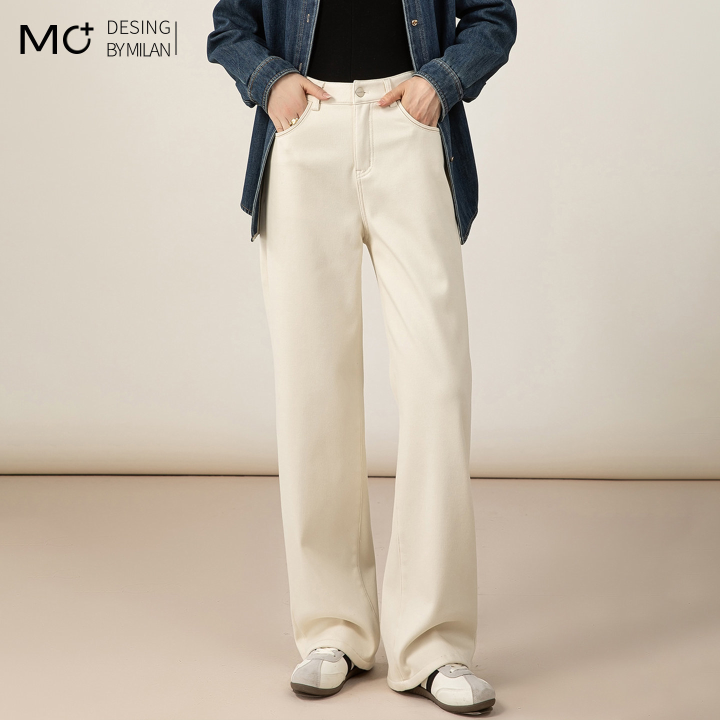 白色直筒阔腿牛仔裤女秋冬季加绒新款垂感宽松窄版拖地休闲长裤