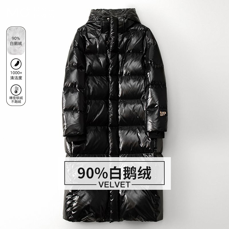 高端白鹅绒中长款连帽黑金羽绒服
