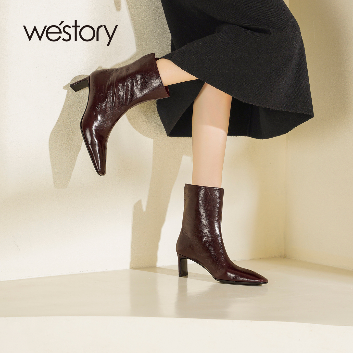 westory尖头细跟高跟短靴