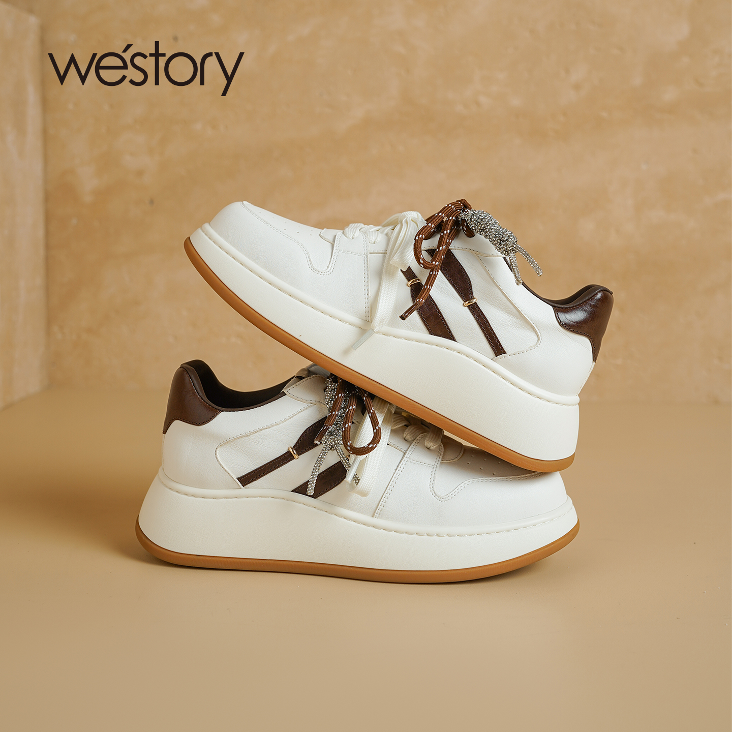 westory2025新款女真皮厚底小白鞋女百搭潮流运动休闲鞋