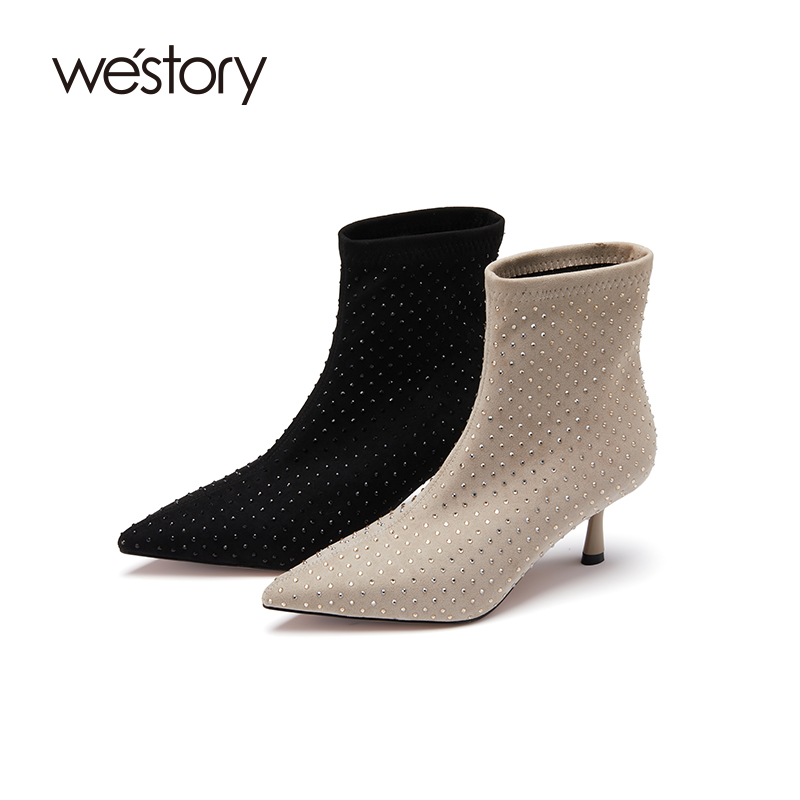 westory小猫跟尖头时装短靴烫钻