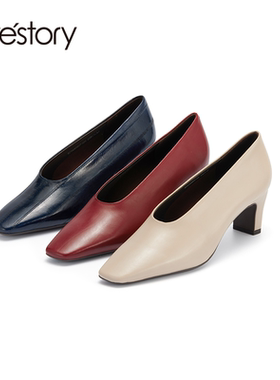 westory2025秋冬新款极简静奢小斜方头奶奶鞋56571