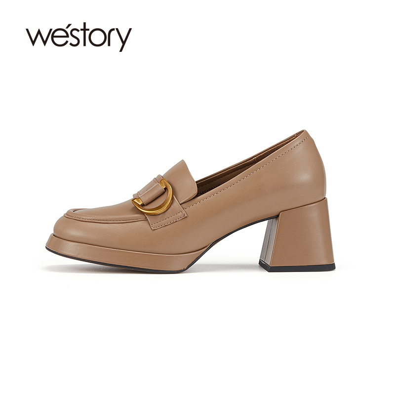 wetory粗跟气质高跟乐福鞋