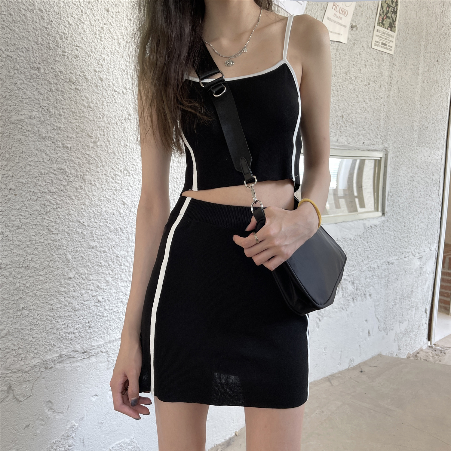 Real price real shooting campus Spice Girls Fashion suit women's knitting suspender Vest + skirt two piece set