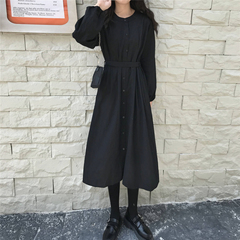 Real price shooting retro Platycodon skirt medium length slim long sleeve dress women's waist A-line skirt