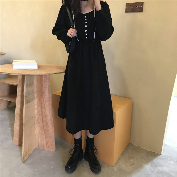 Real price real auction foreign style Hepburn skirt autumn and winter new temperament French Chic square collar dress