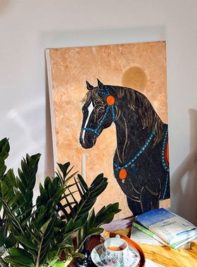 奔腾意式好寓意轻奢奶油风复古装饰画客厅玄关高级感骏马挂画现代