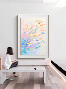 奶油风客厅装饰画年年有余多巴胺简约风沙发背景墙挂画艺术玄关画