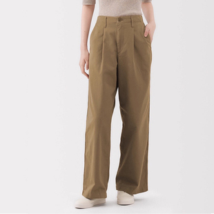 2025秋冬新款无印粗细不均棉线丝光斜纹女式抽褶宽版裤休闲长裤子