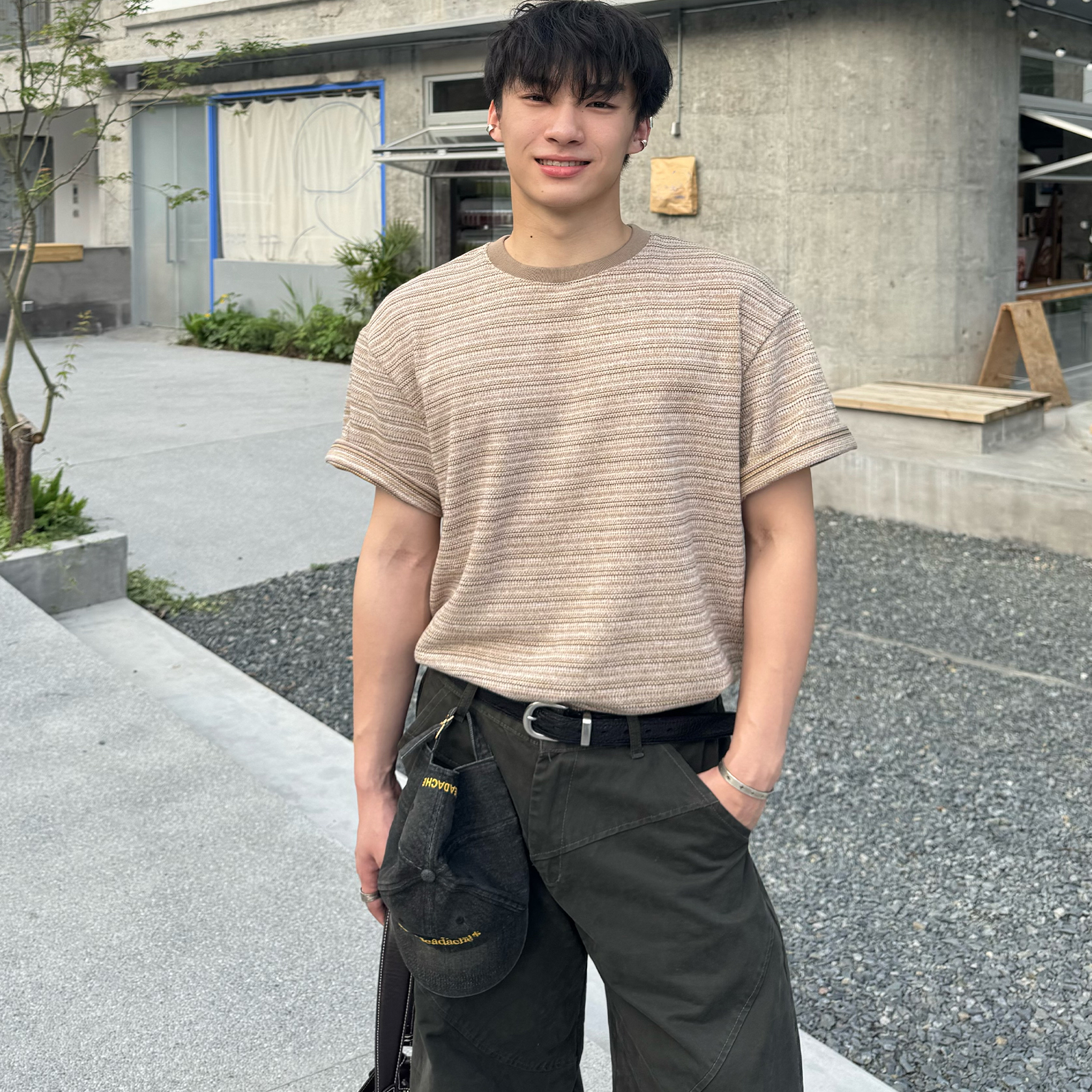 Free verse咖色条纹圆领短袖T恤男夏季2025年新款百搭时尚