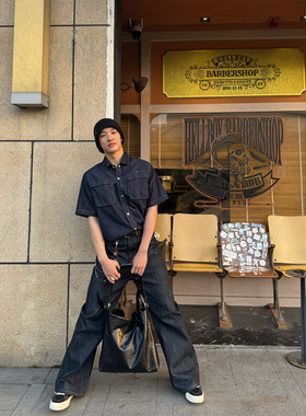 Free Verse2025美式复古水洗做旧牛仔短袖衬衫男宽松休闲百搭上衣