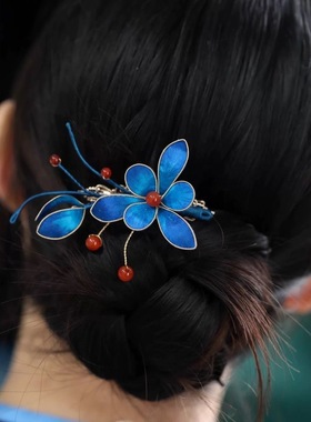 非遗绒花头饰手工蓝色蚕丝发簪中国中式古风发夹旗袍盘发高级161