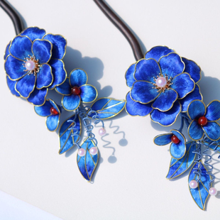 非遗绒花中国风发簪发夹中式点头饰夹子发饰蓝色一套3